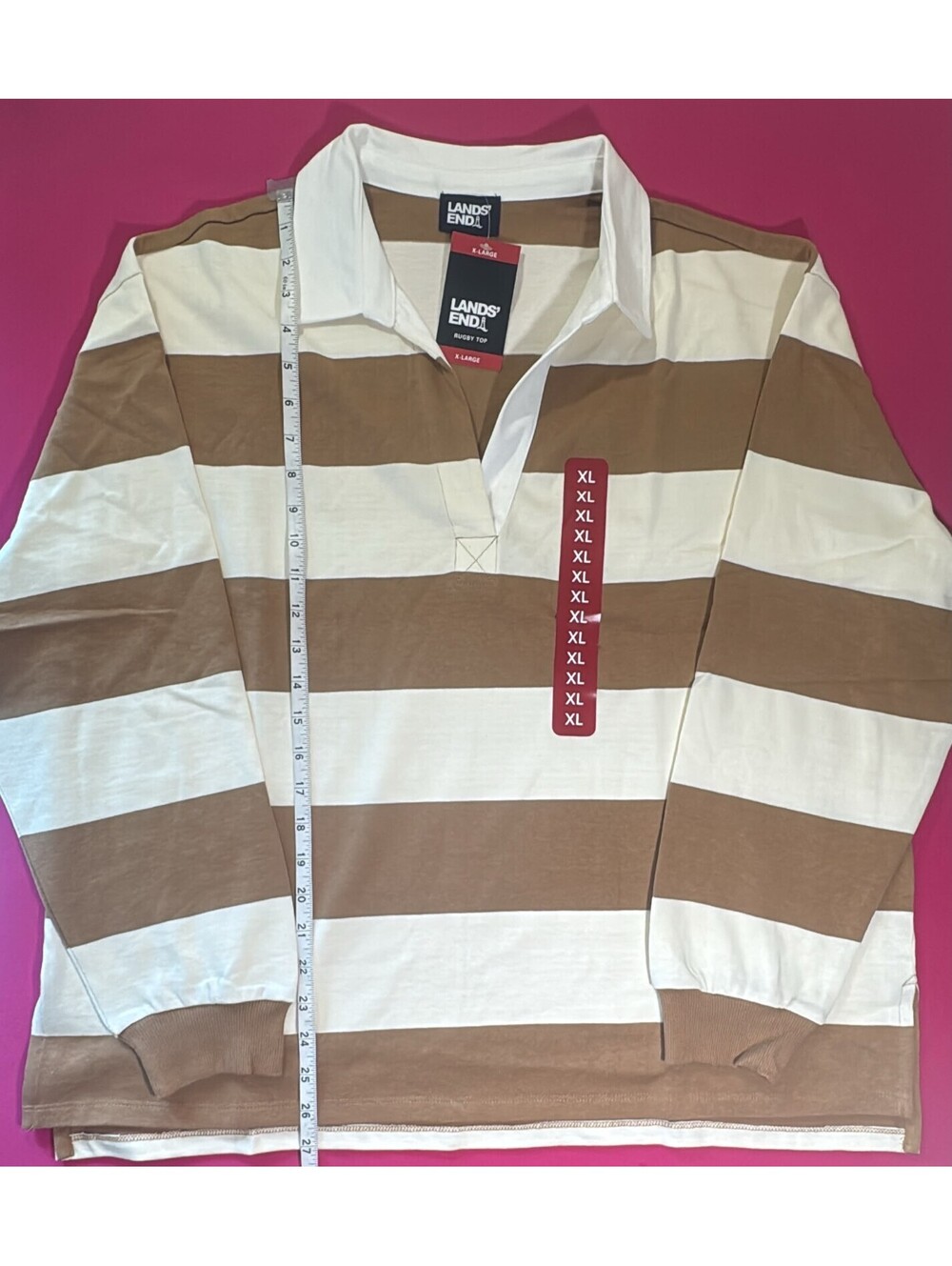 Lands’ End Rugby Top – Brown Cream Stripe Long Sleeve Size XL